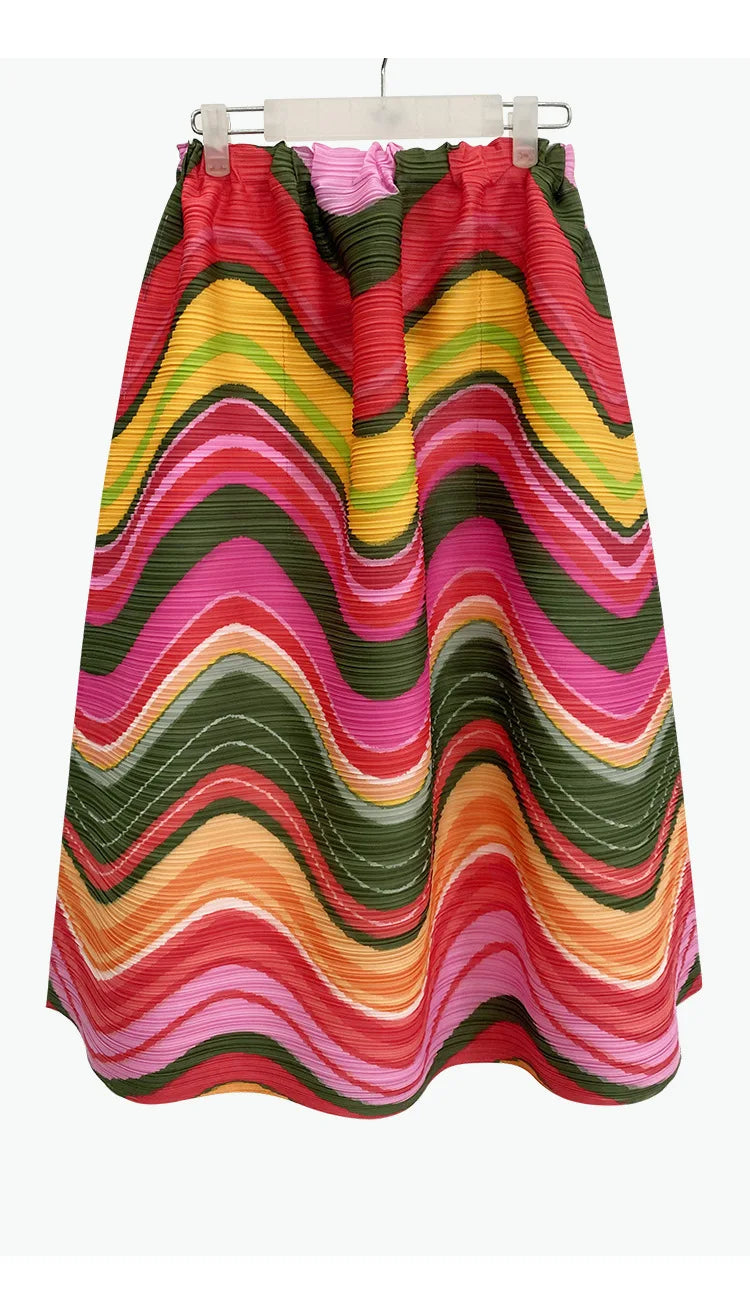 2025 Spring New Women's 2 Piece Set Miyake Pleated Top Fashion Stripe Age Reducing Suit Fashionable Matching Printed Half Skirt