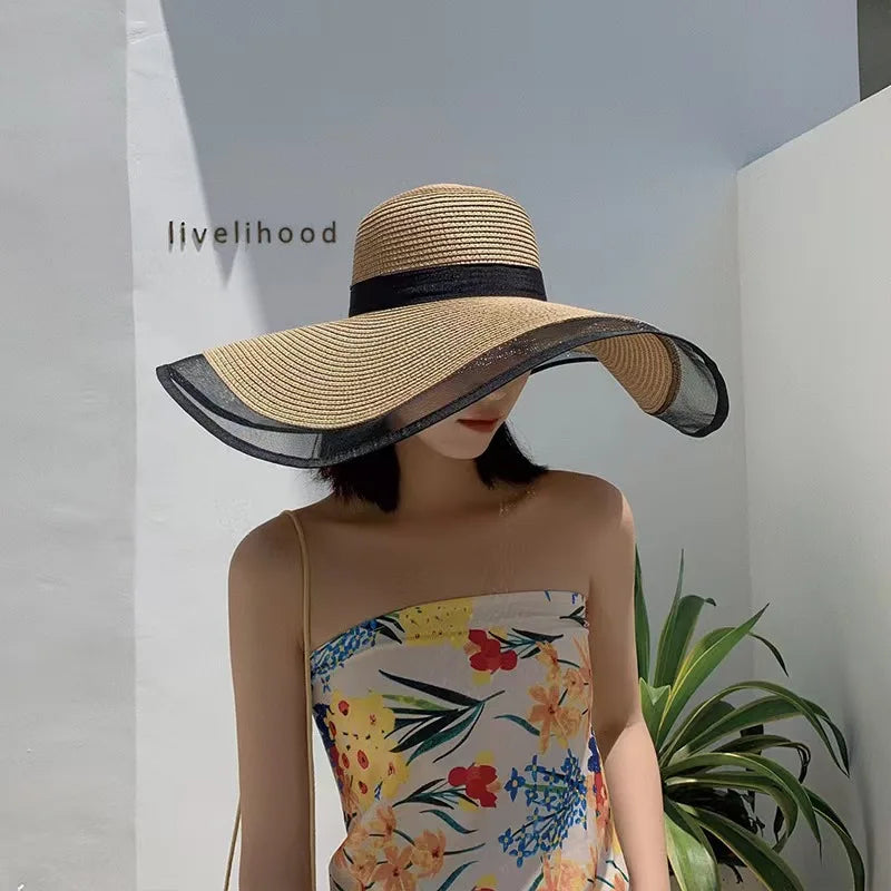 1pc Sun Hat Big Eaves Waves Beach Cap for Women,Summer Straw Hats Big Brim Sun Visors UV Foldable Bucket Panama Caps for Tralve
