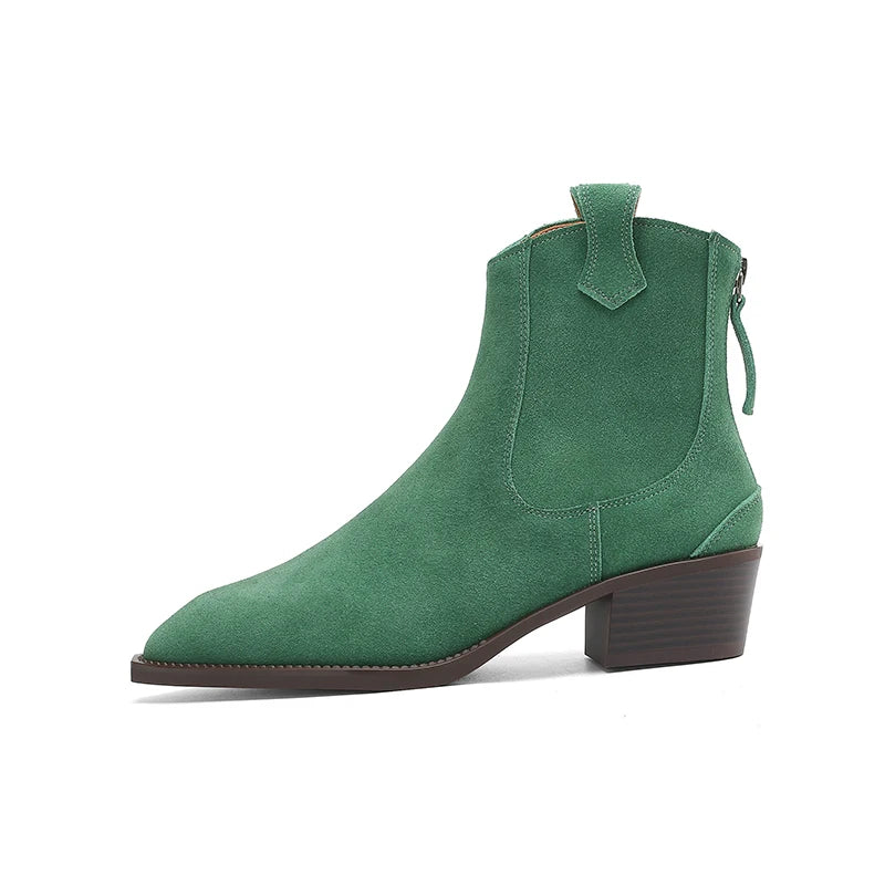 New 2025 Trend Autumn Cow Suede Women Western Boots Black Brown Khaki Chocolate Green Burgundy Pointed Toe Ladies Ankle Boots