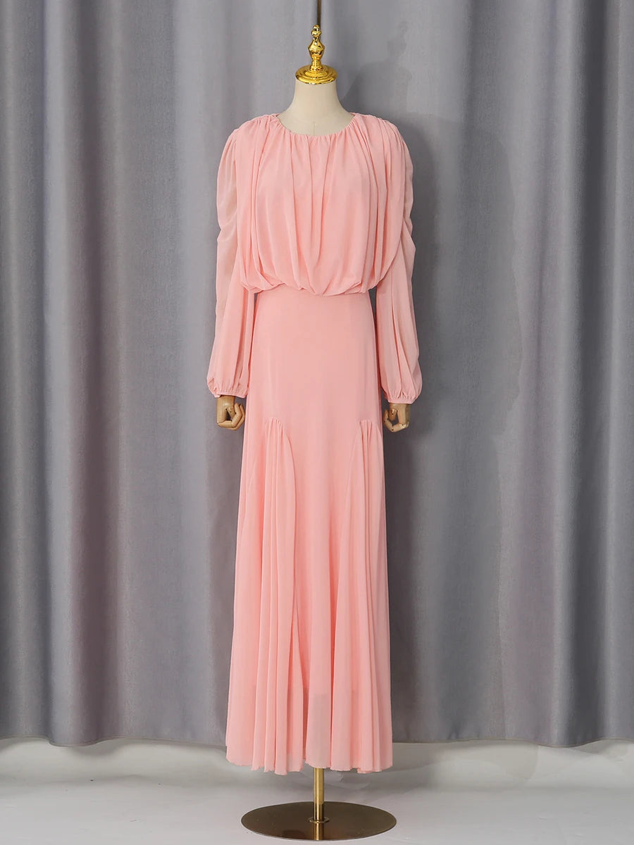 VGH Yellow Dinner Loose Folds Maxi Dresses for Women O Neck Shoulder Pud High Waist Temperament Dress Female Fashion Clothing