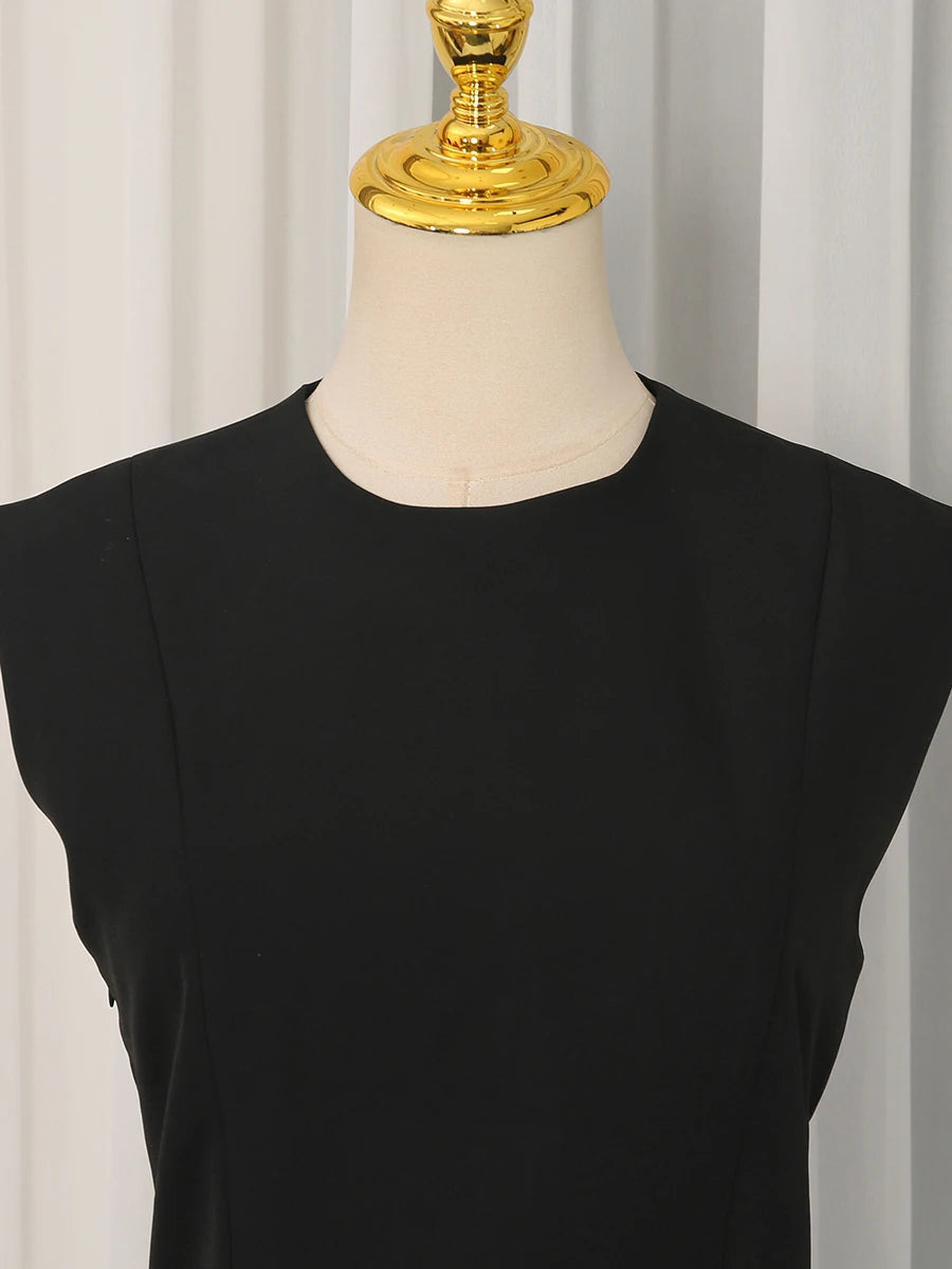 VGH Office Elegant Spliced Zip Sleeveless Shirts for Women O Neck Irregular Hem Spliced Mesh Ribbon Minimalist Blouse Female New
