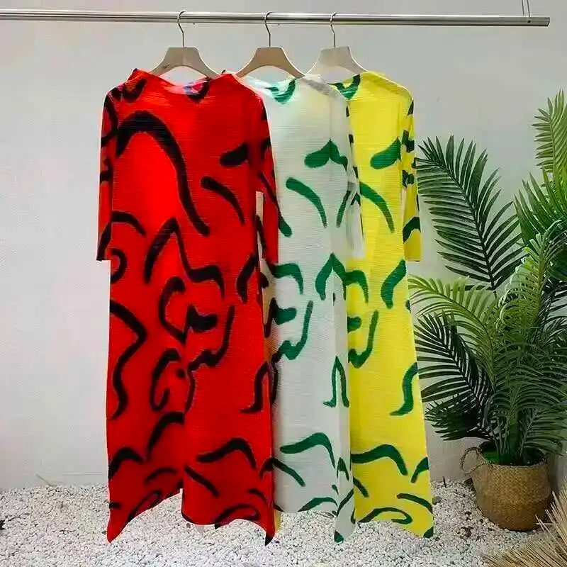 LANMREM Color Block Pleated Dress Women Loose Style Long Length Fashion Dresses Festival Clothes 2024 Spring Summer New 2DA1028