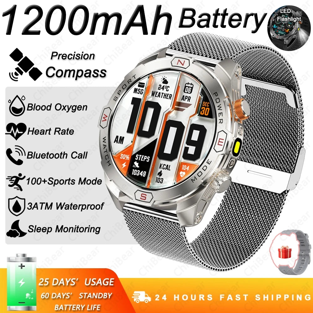 Military Grade 1200 mAh Battery Smart Watch Men LED Flashlight Outdoor Sports Fitness Tracker Compass Bluetooth Call Smartwatch