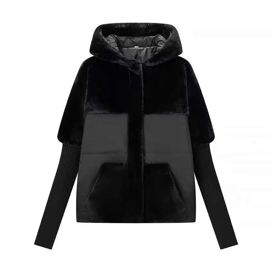 Women Fashion Hooded Patchwork Faux Fur Coat Knitted Sleeve Drop Shoulder Oversize Cotton Coats Autumn Winter 2026 Street Jacket