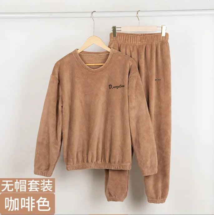 Double-Sided Coral Fleece Pajama Set Thickened Warm Leisure Wear for Autumn Winter Comfortable Polyester Sleepwear