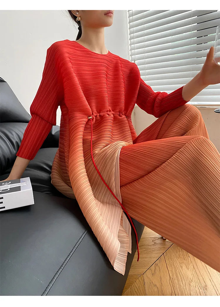Miyake Fold Suit for Women 2024 Spring Summer Loose Foreign Style Two-piece Fashion Meat Shield Wide-leg Pants Two-piece Set