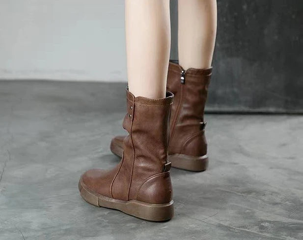 Footwear Half High Mid Calf Ladies Boots Flat Black Shoes For Women Round Toe Chic Point Hot Promotion Fashion 2025 Demi-season