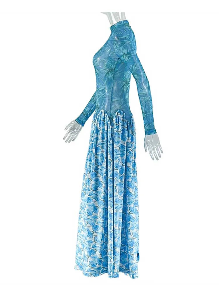 Robe longue femme automne bleu clair, manches longues, taille ajustée, col mi-montant, chic élégante, tenue de soirée