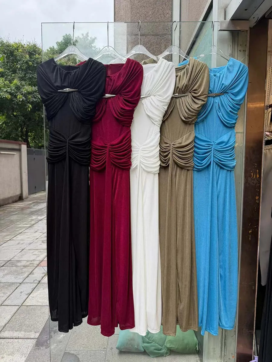 VGH Elegant Light Luxury Maxi Dress for Women Cape Sleeve Cutout Twist Waist Long Gown for Celebrity Formal Dinner Party Outfit