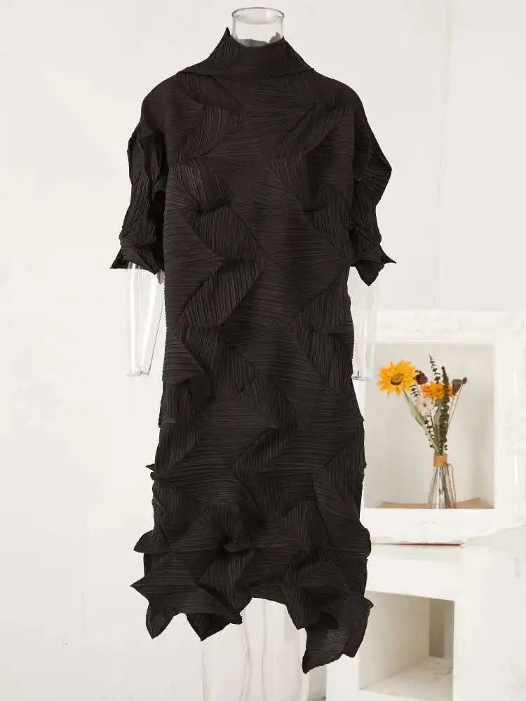 Women's Pleated Turtleneck A-Line Maxi Dress | Vintage Loose Fold Petal Sleeve | Spring 2025 | AvantBah