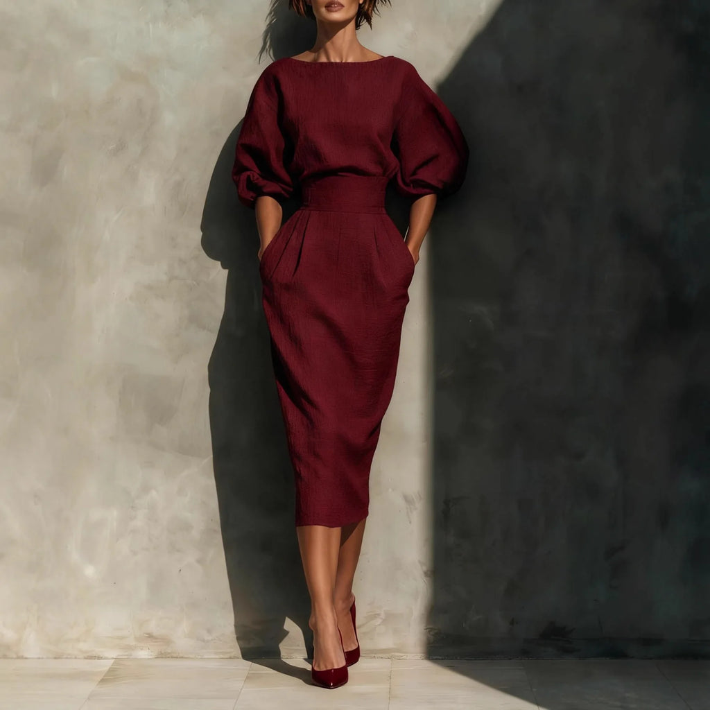 Elegant Fashion Solid Party A-lien Dress Casual O-neck Lantern Sleeve Pocket Dress Temperament High Waist Pleated Wrap Hip Dress