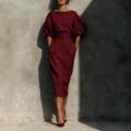 Elegant Fashion Solid Party A-lien Dress Casual O-neck Lantern Sleeve Pocket Dress Temperament High Waist Pleated Wrap Hip Dress