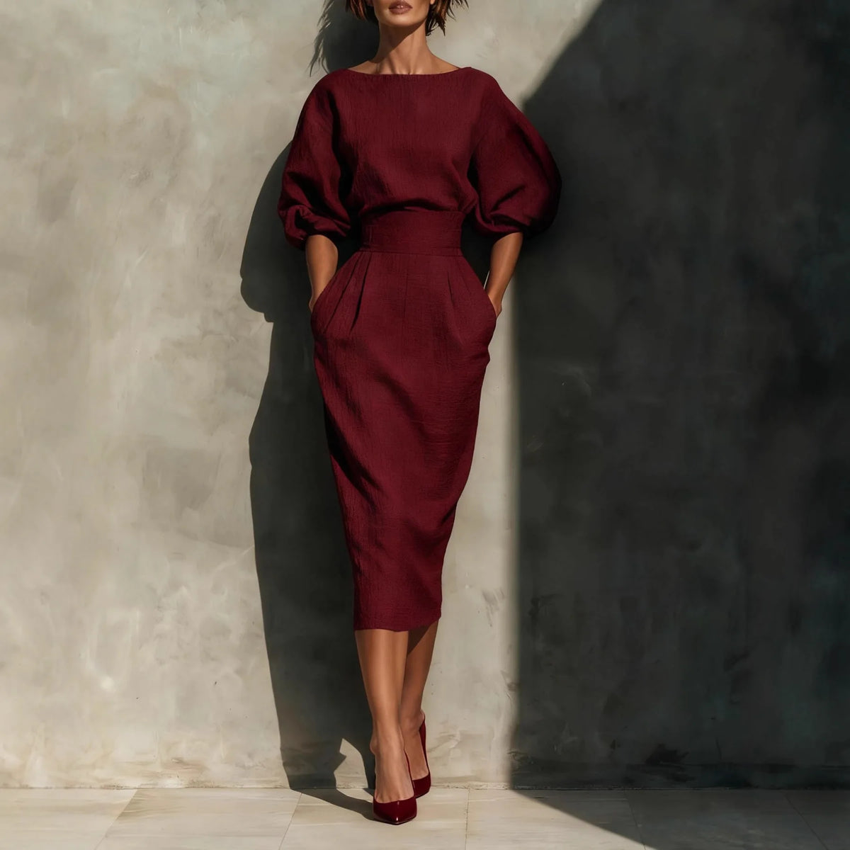 Elegant Fashion Solid Party A-lien Dress Casual O-neck Lantern Sleeve Pocket Dress Temperament High Waist Pleated Wrap Hip Dress