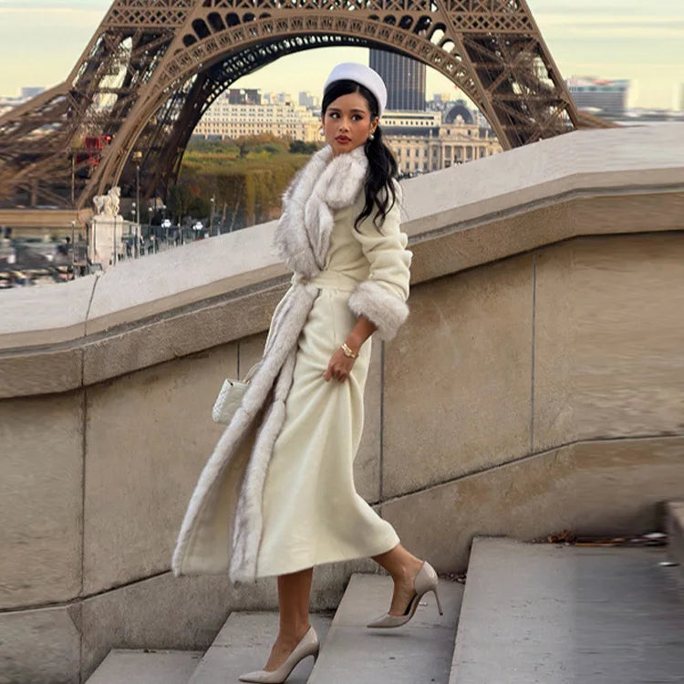 2026 Woman Vintage Faux Fur Woolen Long Luxury Overcoat Chic Full Sleeve V-neck Lace Up Loose Coat New Lady Commute Warm Outwear
