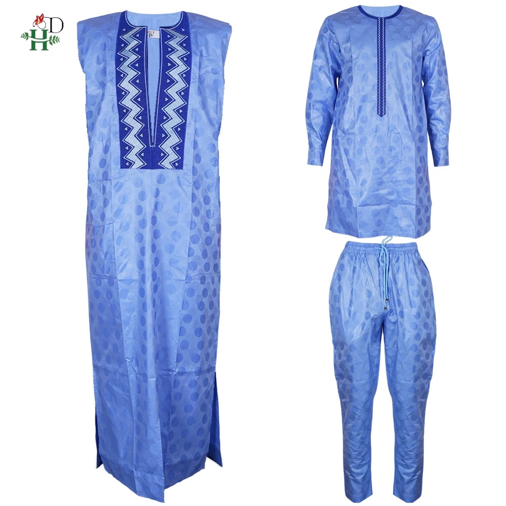 H&D 2026 African Clothing For Man Traditional Agbada Sets 3PCS Blue Thobe Pant Suits Bazin Riche Embroidery Wedding Party Dress