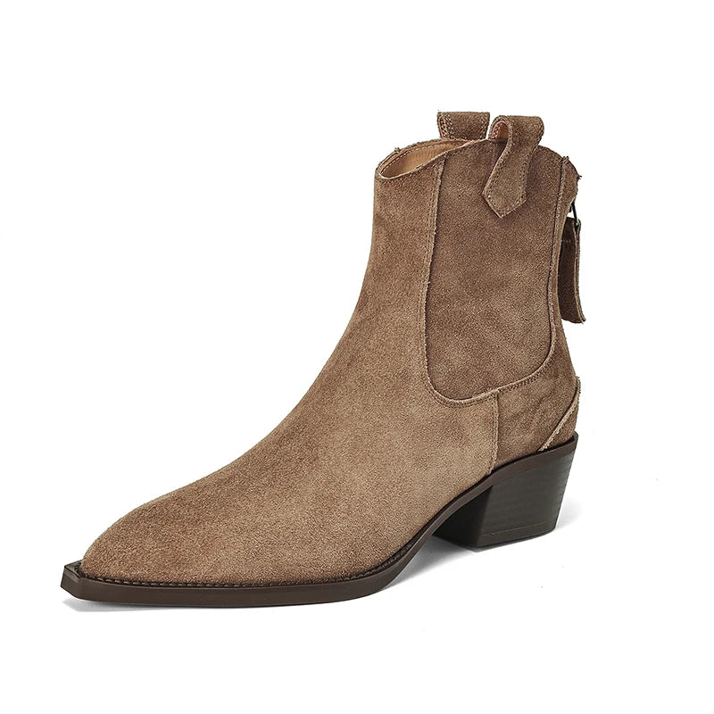 New 2025 Trend Autumn Cow Suede Women Western Boots Black Brown Khaki Chocolate Green Burgundy Pointed Toe Ladies Ankle Boots