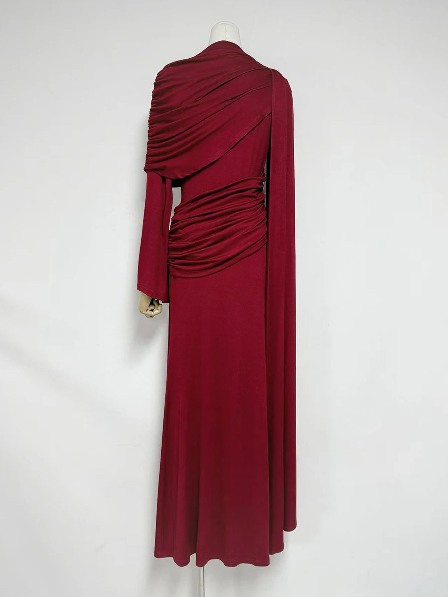 VGH Wedding Guests Green Shawl Mermaid Maxi Dress for Round Neck Flared Long Sleeve Draped Bodycon Skirt for Galas Red Carpet