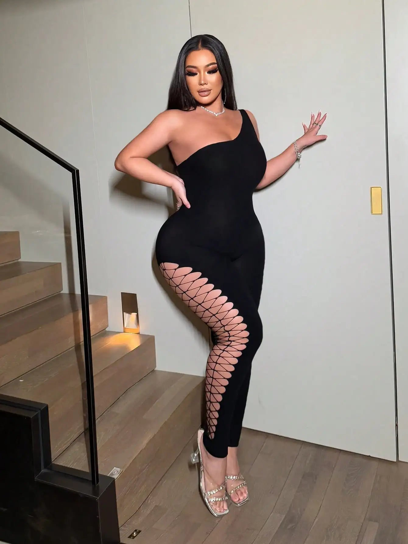 Women's Sexy One-Shoulder Black Jumpsuit with Fishnet Cutout Slim Fit Club Party Ankle-Length Polyester Nylon Blend