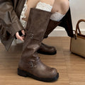 Vintage Belt Buckle Women Knee High Boots Elegant Low Heel Slip On Shoes Autumn Winter Ladies Knight Long Booties
