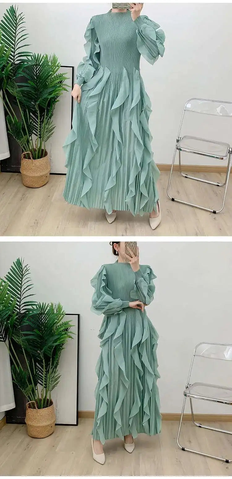 LANMREM Elegant Pleated Dress For Women Stand Collar Puff Sleeves High Stretch Personalized Dresses 2025 Spring New 2Z2817