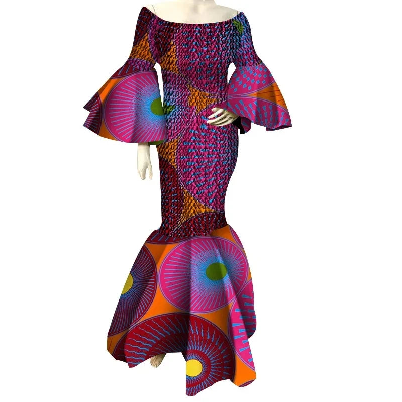 New African Dresses for Women Print Ruffles Sleeve Long Dresses Vestidos Stretch African Ankara Dresses Clothing WY4303