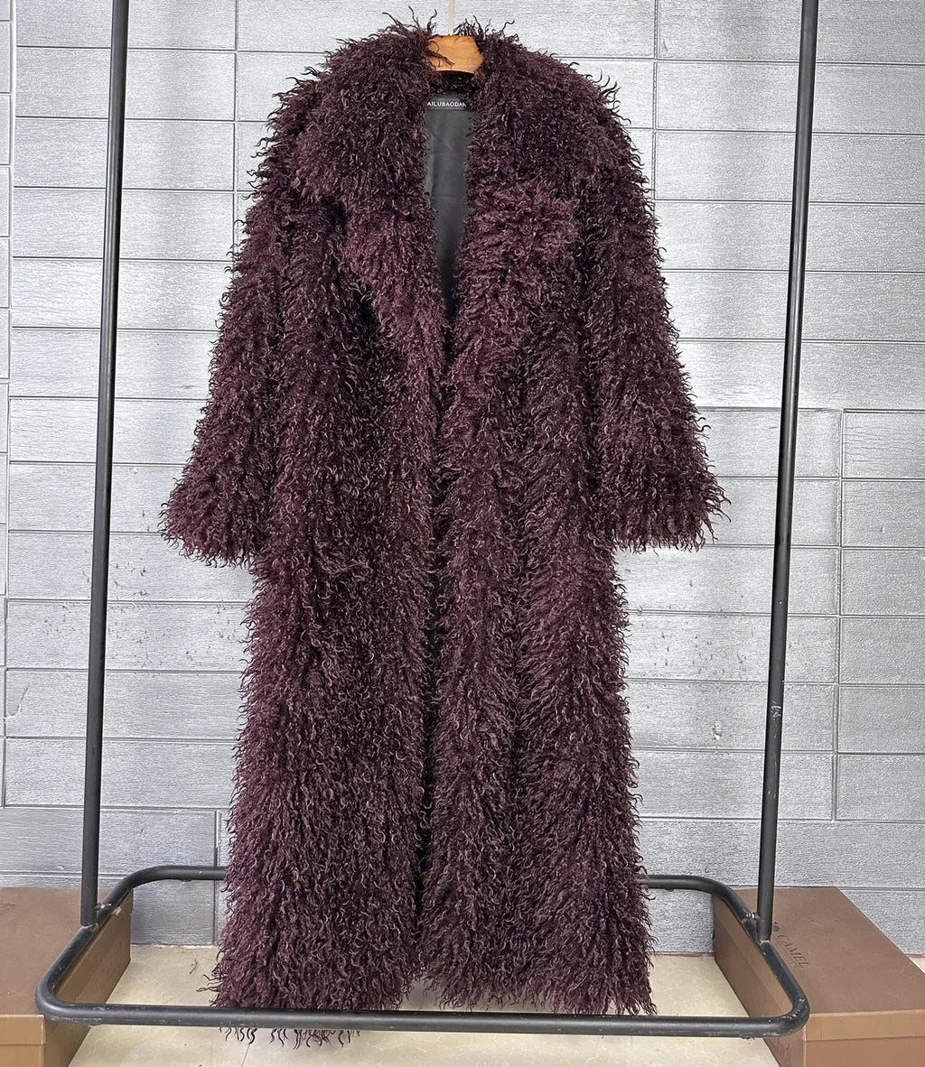 LANMREM Colorful Women's Furry Coat Rose Pink Faux Fur Coat Suit Collar Autumn Winter Thick Cardigan Long Overcoat Chic 2DB5859