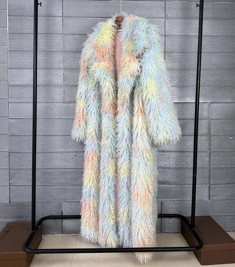 LANMREM Trendy Women's Faux Fur Coat Printed Colorful Furry Coats Autumn Winter Chic Suit Collar Thick Long Overcoat 2DB5840