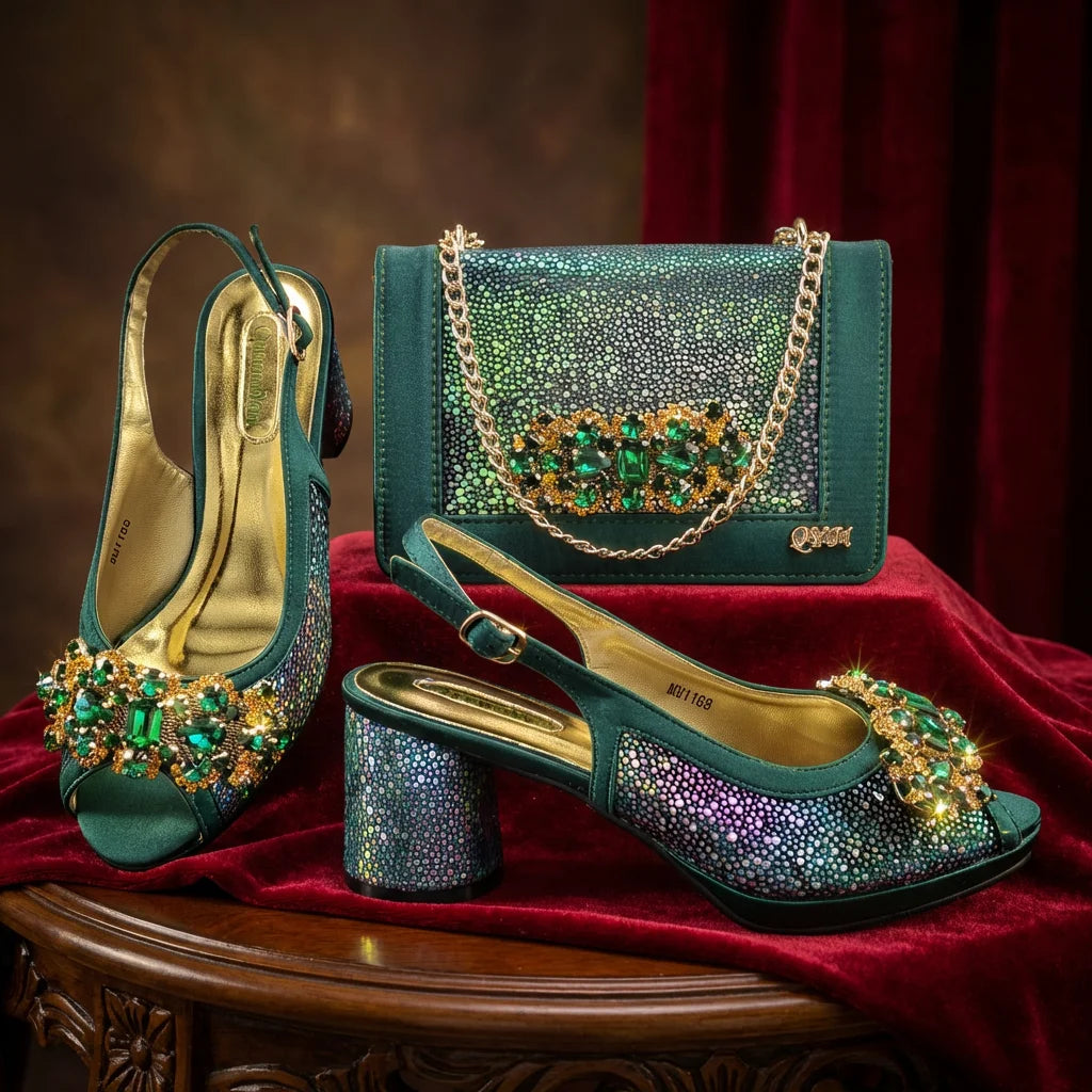 Women's Rhinestone Embellished Heels & Bag Set – Peep Toe Slingback Pumps