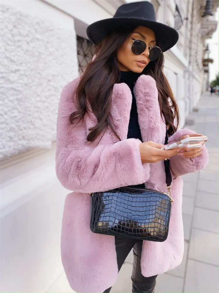 Women's Faux Fur Coat Long Sleeve Lapel Winter Coat