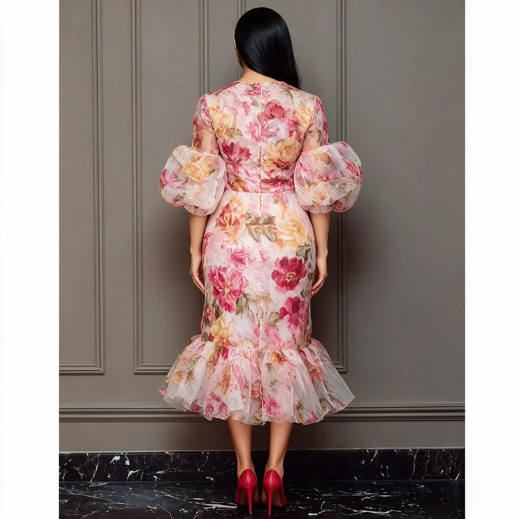 Women Floral Mermaid Midi Dress Round Neck Puff Bubble Sleeve Ruffle Hem Elegant Wedding Guest Cocktail Evening Formal Dress