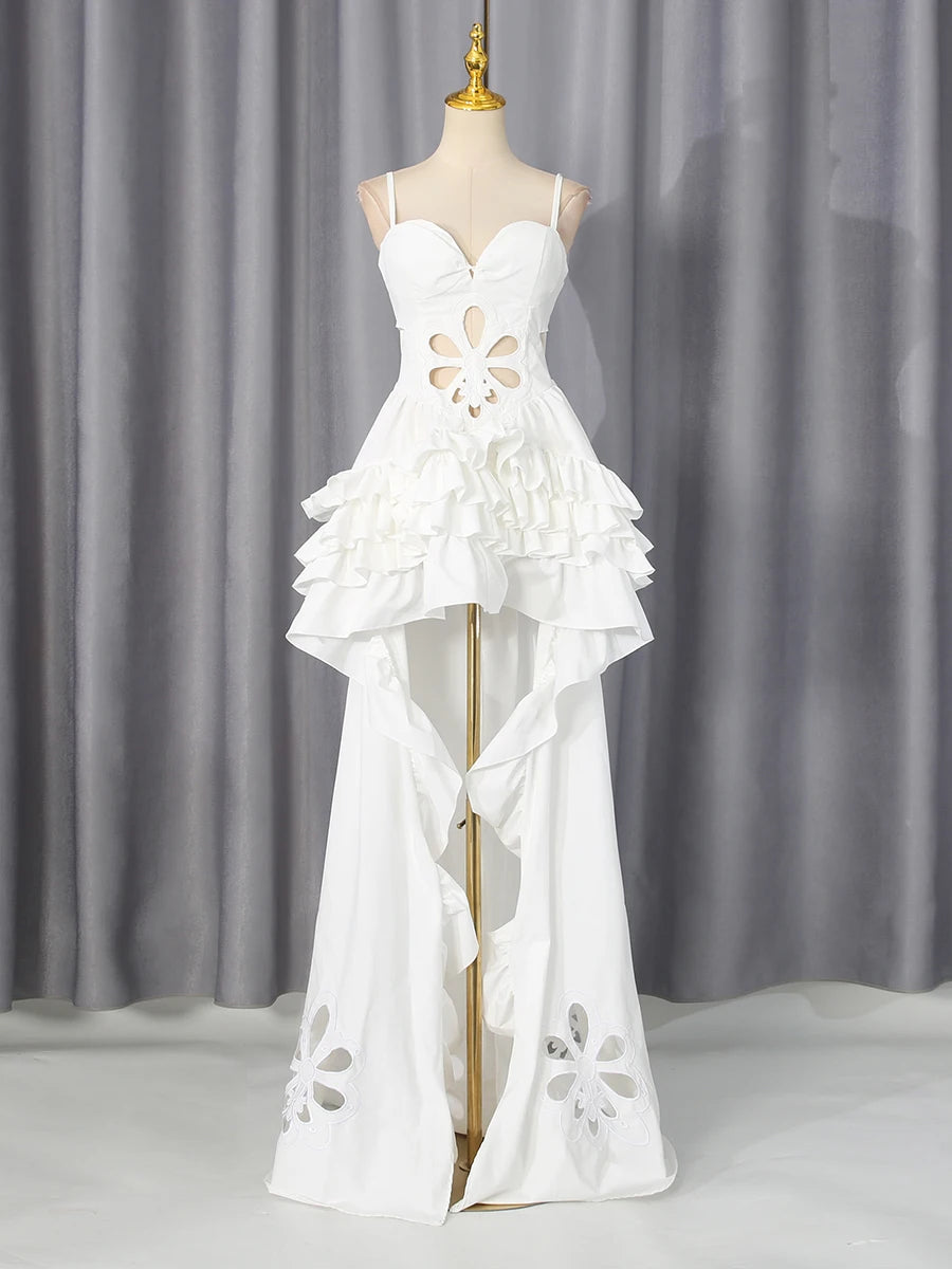 VGH Romantic Boho Delicate Dreamy Ruffled Summer High Low Dress for Women Spaghetti Strap Floral Cutout Hollow Maxi Party Gown
