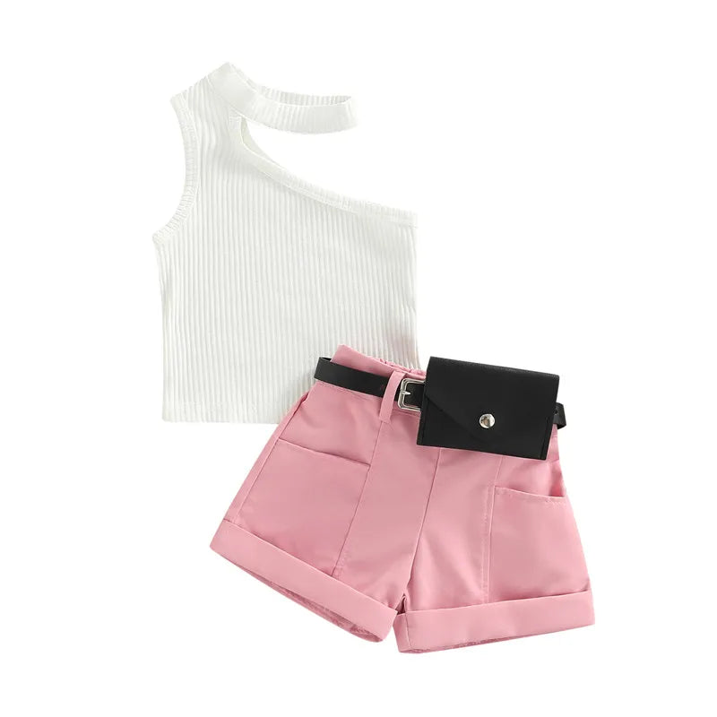 1-5 Years Infant Girl Casual Set Tanks Tops + Shorts + Waist Bag Pockets
