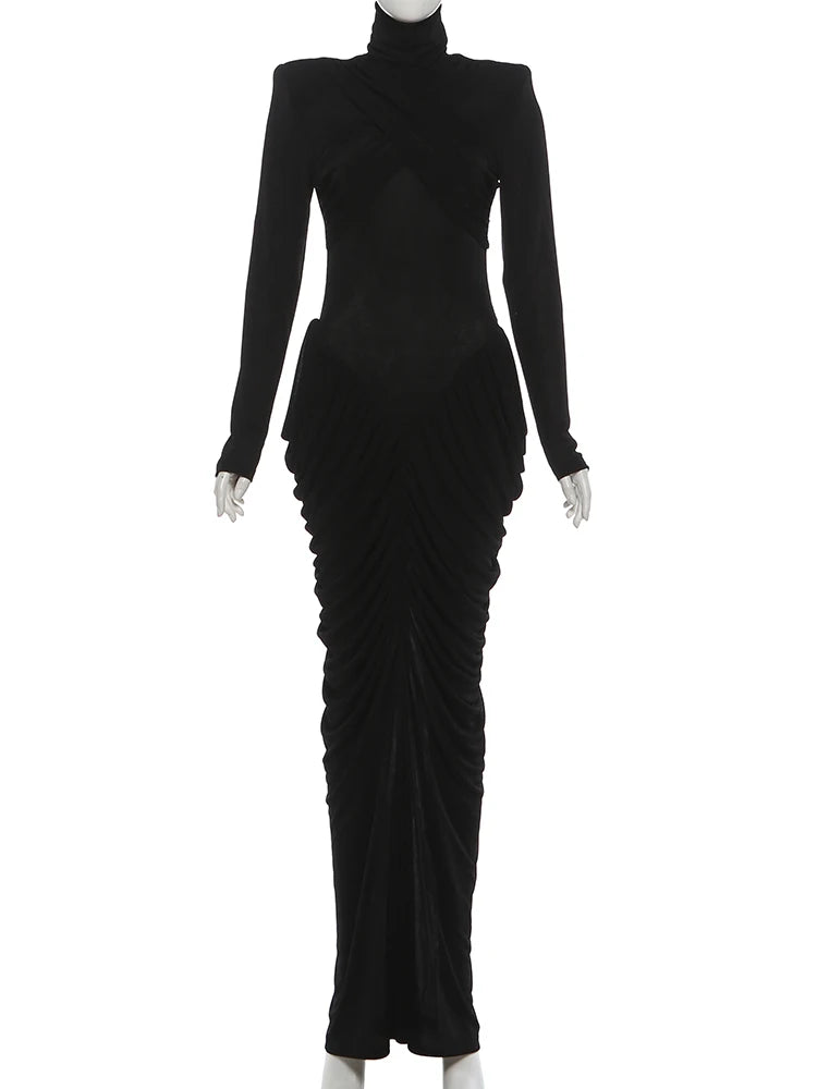 Weird Puss Autumn New Style Maxi Dress Women Turtleneck Full Sleeve Backless Skinny Stretch  Prom Party Ruched Elegant Vestidos