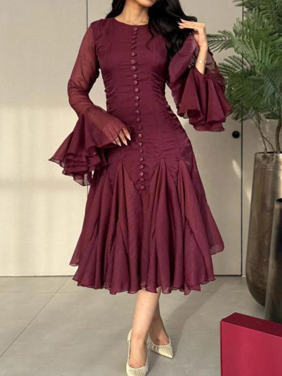 VGH Patchwork Irregular Hem Midi Dress for Women Round Neck Ruffles Sleeve High Waist Temperament Elegant Prom Dresses Female