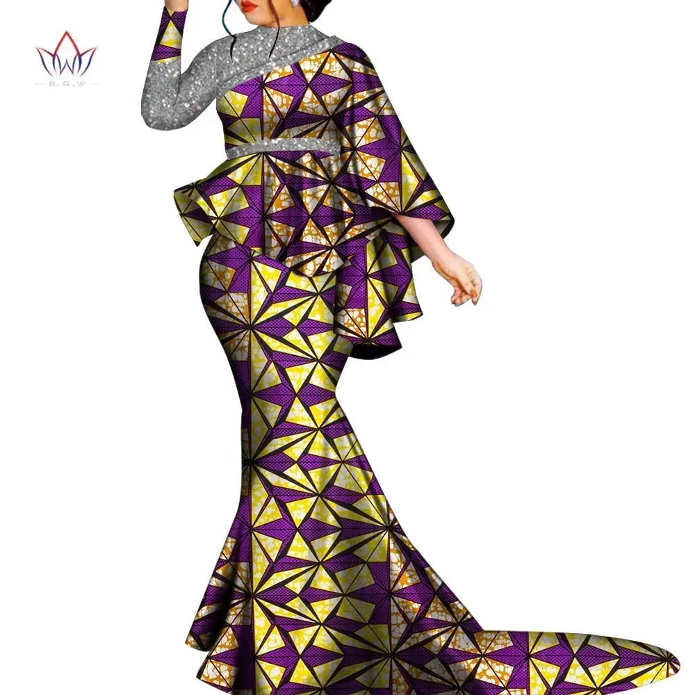 Women’s Ankara Print Bazin Riche 2-Piece Set – Sequin Bat Sleeve Top & Long Skirt | Dashiki | Party & Wedding | XS–6XL | 12 Prints