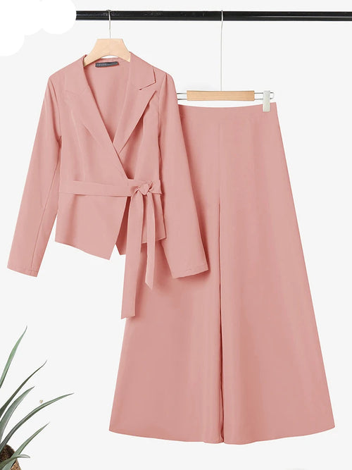 Belted Blazer & Wide-Leg Trouser Suit Set