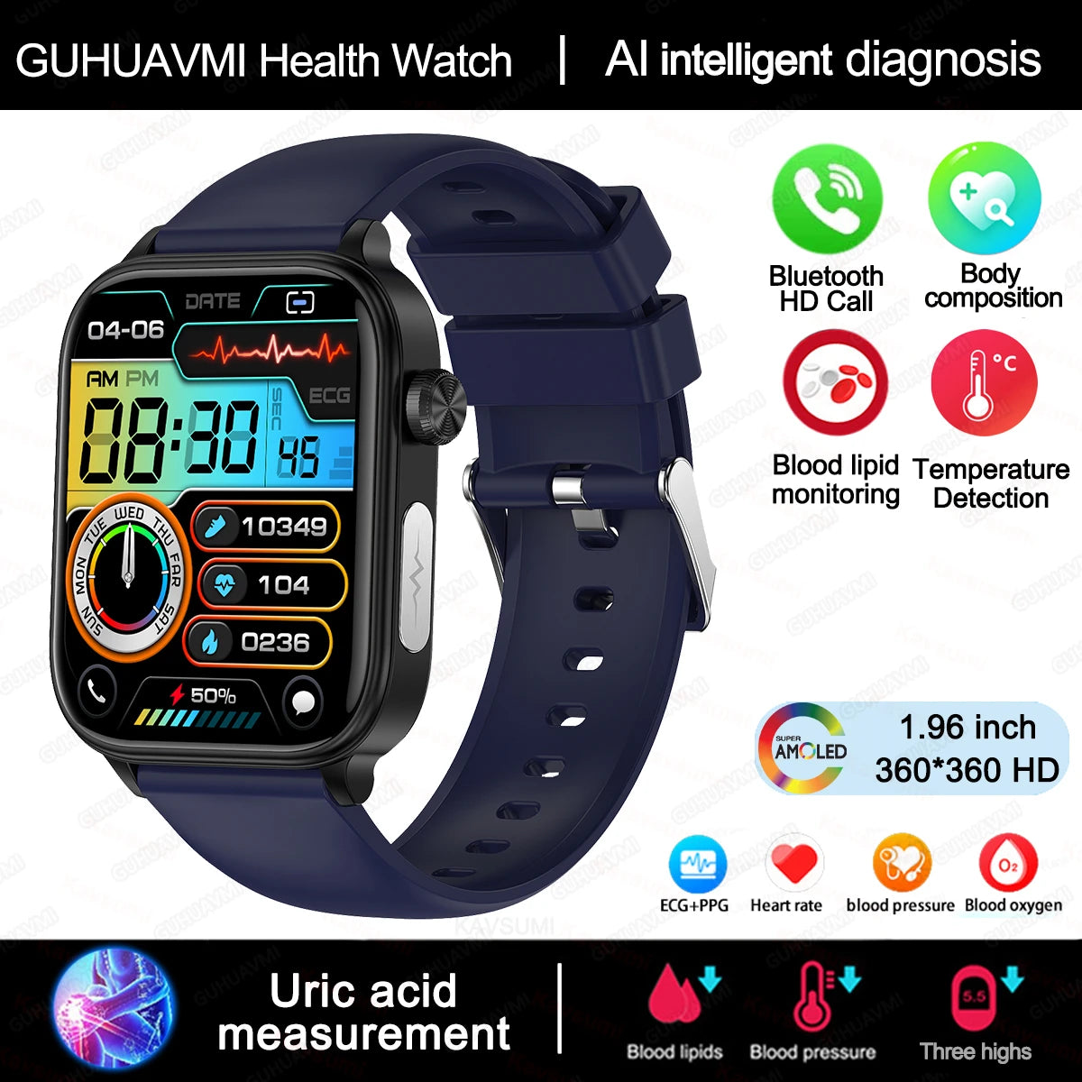 2025 AI Health Smartwatch | ECG+PPG Blood Lipids Uric Acid Body Composition | Men