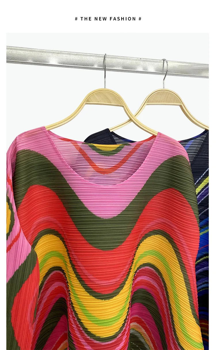 2025 Spring New Women's 2 Piece Set Miyake Pleated Top Fashion Stripe Age Reducing Suit Fashionable Matching Printed Half Skirt