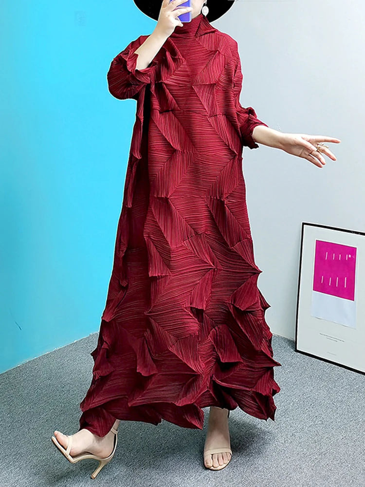 Women's Pleated Maxi Dress | Turtleneck Solid Colour Loose A-Line | Spring Summer 2025 | AvantBah