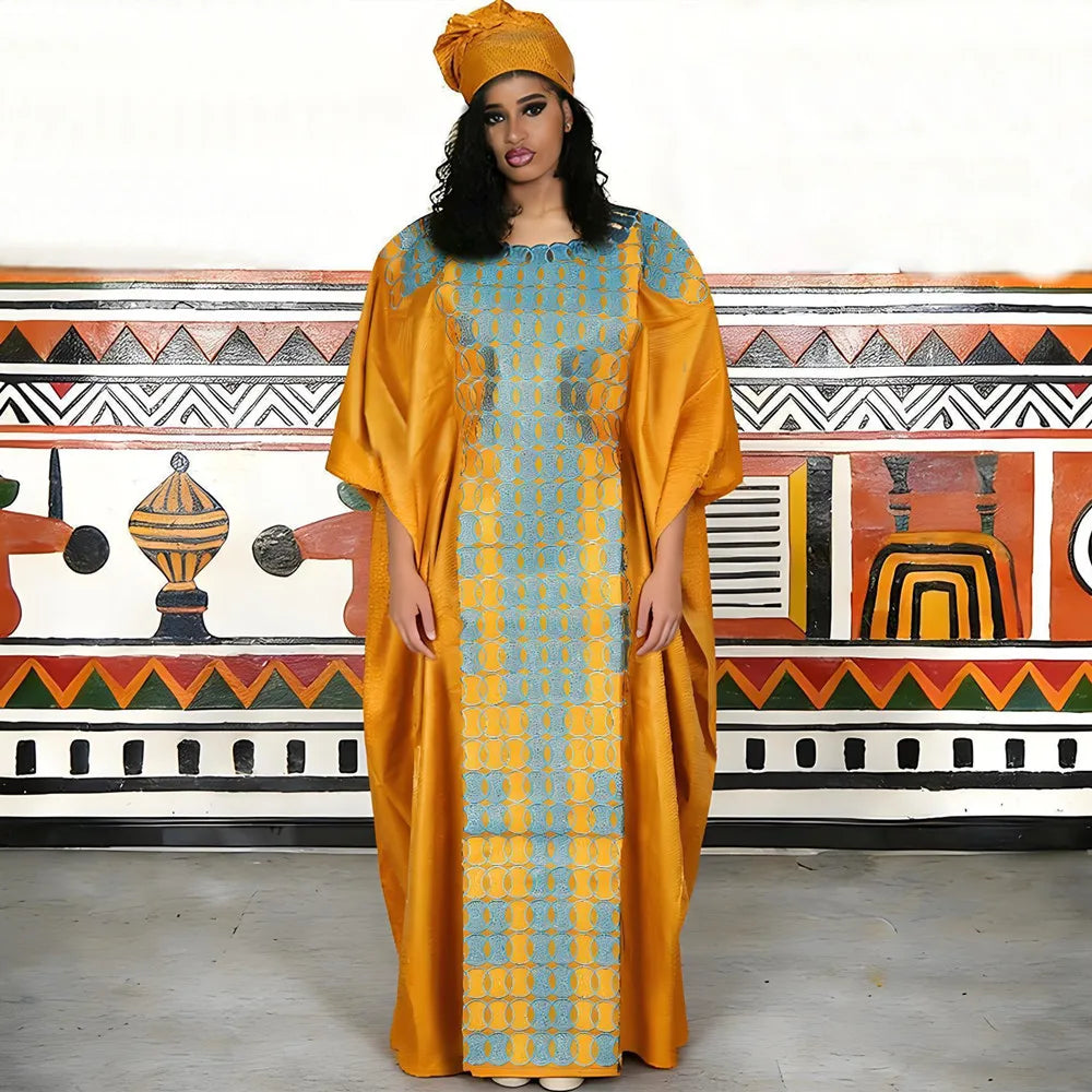 Women's Dashiki Ankara Bazin Riche Embroidery Dress & Headscarf | Wedding & Party