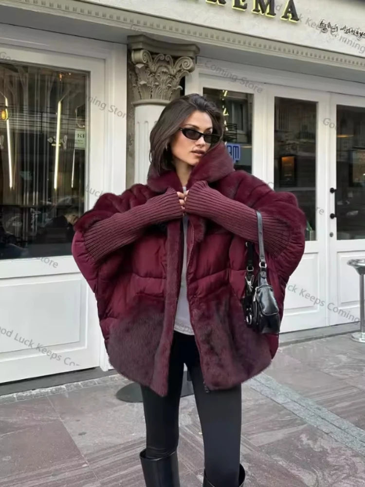 Women Fashion Hooded Patchwork Faux Fur Coat Knitted Sleeve Drop Shoulder Oversize Cotton Coats Autumn Winter 2026 Street Jacket