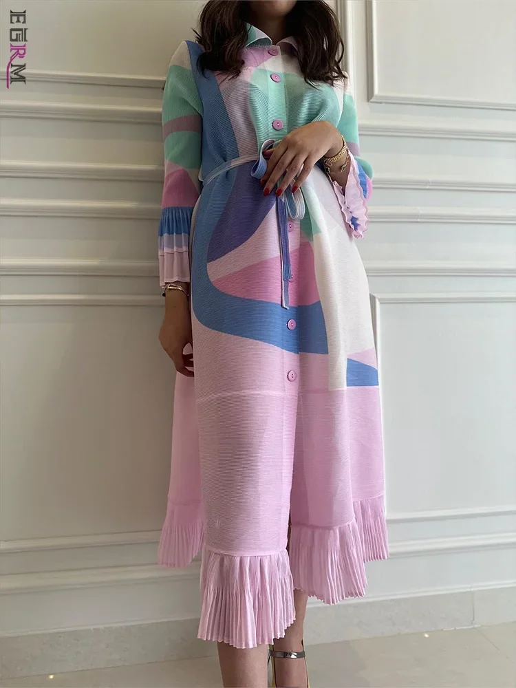 EGRM Pleated Dress Lapel Single Breasted Long Sleeves Color Block Tassel Hem Loose Designer Dresses for Women 2024 New 2Ra5928