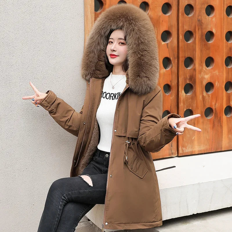 Women's Long Fashionable Hooded Winter Fur Collar Jacket
