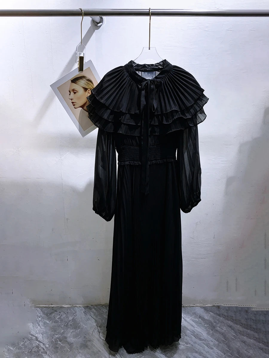 VGH Classy Layer Ruffled Stand Collar Chiffon Maxi Dress for Women Tie Neck Balloon Long Sleeve Smocked Waist Pleated for Party