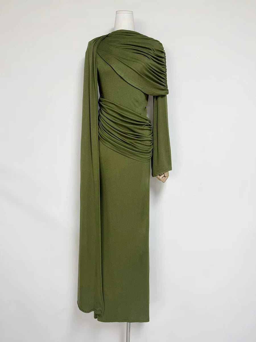 VGH Wedding Guests Green Shawl Mermaid Maxi Dress for Round Neck Flared Long Sleeve Draped Bodycon Skirt for Galas Red Carpet