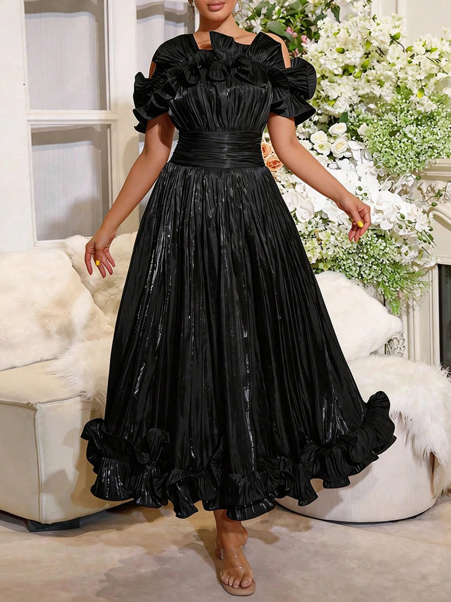 VGH Elegant Off Shoulder Ruffle Midi Maxi Dress for Women Shiny Pleated Waistband Back Zipper for Formal Prom Evening Party Gown