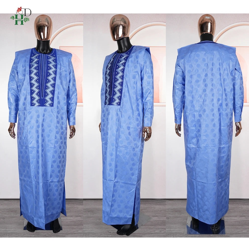 H&D 2026 African Clothing For Man Traditional Agbada Sets 3PCS Blue Thobe Pant Suits Bazin Riche Embroidery Wedding Party Dress