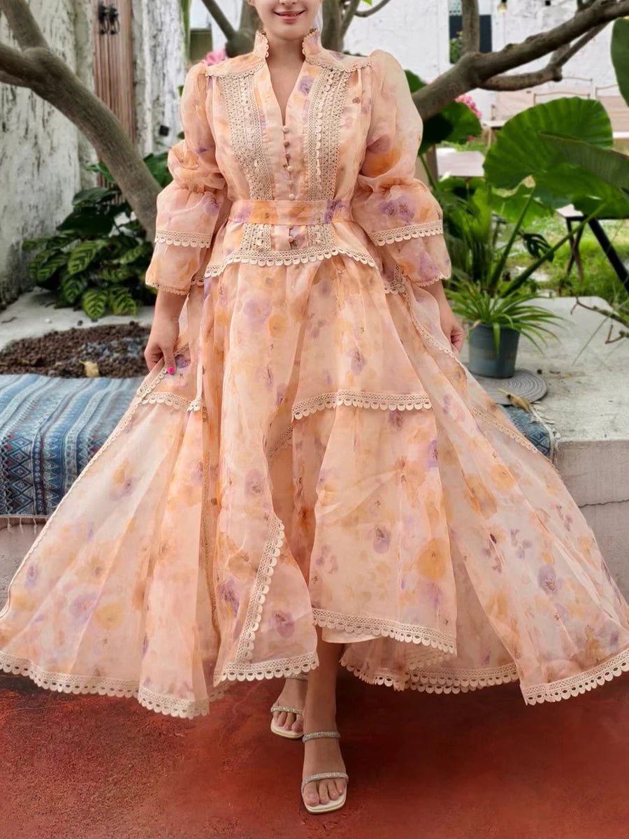 VGH Spring Colorblock Printing Dress for Women Stand Collar Puff Sleeves High Waist Elegant Birthday Party Long Dresses Female