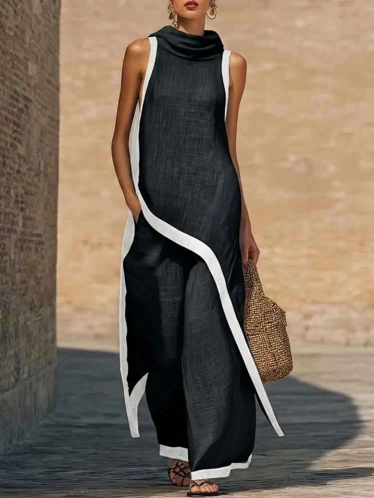Women's Sleeveless Contrast Two-Piece Set & Wide-Leg Trousers