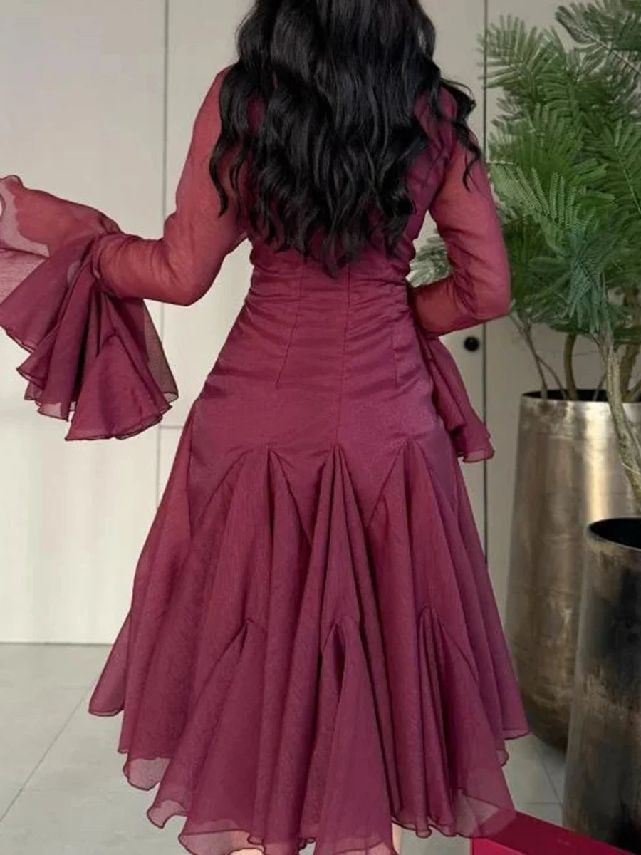 VGH Patchwork Irregular Hem Midi Dress for Women Round Neck Ruffles Sleeve High Waist Temperament Elegant Prom Dresses Female